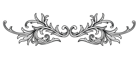Luxury swirl Ornament border frame, Divider baroque engraving element. Arabesque, filigree decoration. Victorian artwork, for print, tattoo, wedding card, invitation, art deco, clip art, carving.