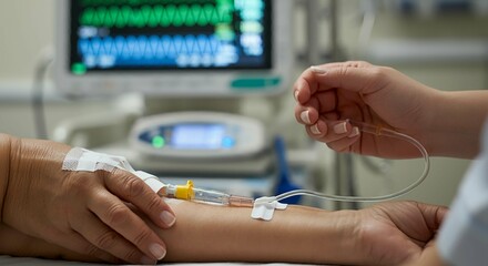 Patient Care: Nurse Setting Up IV in a Modern Hospital. . Generated with AI	