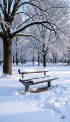 Snow-covered park bench surrounded by frosted trees in a winter landscape 
