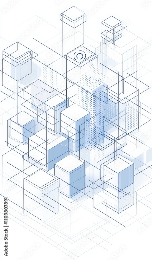 Poster simple line drawing of blockchain with blue blocks connected in isometric perspective. floating cube