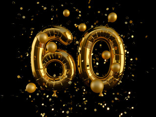 Luxurious golden number 60 balloon with festive confetti and sparkling gold decorations on a black background, perfect for a 60th birthday or anniversary celebration