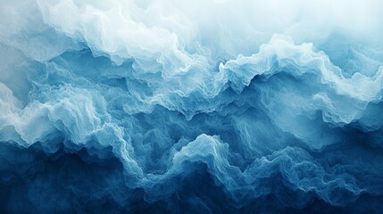 The abstract image of blue waves creates the illusion of layered clouds, symbolizing serenity, imagination, and artistic expression in a surreal environment.