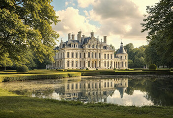 Elegant chateau surrounded by lush gardens and reflecting pond on a sunny day with fluffy clouds