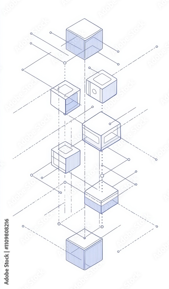 Poster simple line drawing of blockchain with blue blocks connected in isometric perspective. floating cube