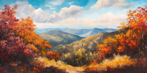 A gorgeous autumn landscape with a view of the mountains surrounded by colorful trees in vibrant autumn colors. 