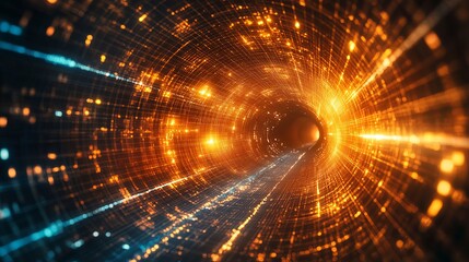 An abstract digital illustration depicting a mesmerizing tunnel formed by bright golden lights, evoking a sense of forward motion and technological marvel.