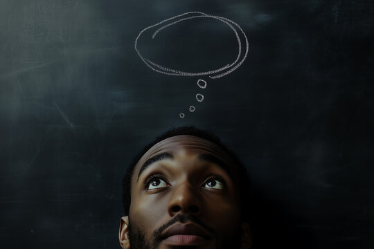 Man looking up at a chalkboard with thought bubbles, concept of imagination, ideas, and creativity