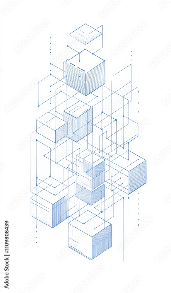 Poster simple line drawing of blockchain with blue blocks connected in isometric perspective. floating cube
