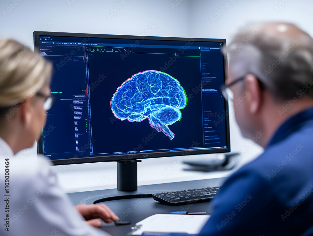 Poster a medical professional and a patient analyze a colorful brain scan displayed on a monitor in a clini