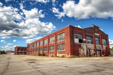 Urban Brick Structure: Industrial Architectural Complex Set Against a Sky of White Clouds