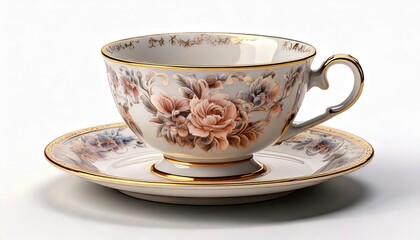 Fototapeta premium A delicate Victorian porcelain teacup and saucer, hand-painted with floral motifs in soft 