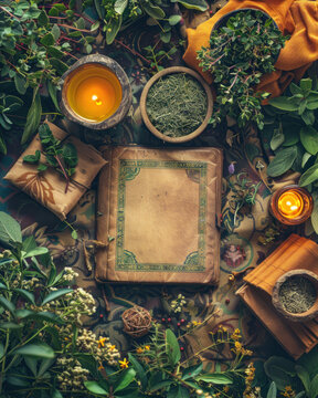 an old book open to a blank page, surrounded by a variety of plants and objects that might be associated with a herbarium or the keeping of records of medicinal herbs.  