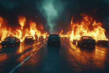a road with cars burning on both sides. Bright flames engulf the cars, sending thick plumes of black smoke into the sky 