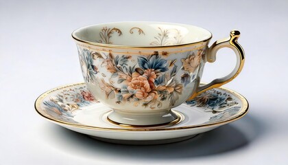  A delicate Victorian porcelain teacup and saucer, hand-painted with floral motifs in soft 