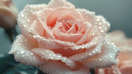 A beautiful pink rose, delicately covered in dew drops, captures the essence of freshness and elegance, set against a soft garden background in the morning light.
