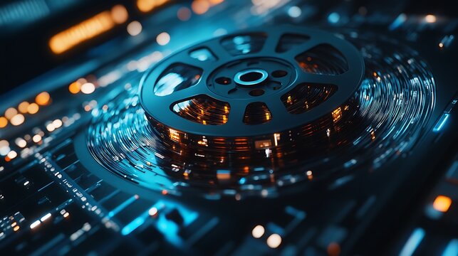 Close-up of a film reel on a technological surface.