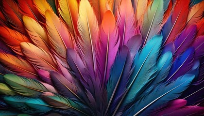 A flat lay of colorful feathers arranged in a fan pattern, featuring vibrant shades of teal