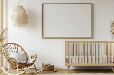Simple nursery room with three empty picture frames on the wall, a wooden crib, ottoman, and small cabinet.