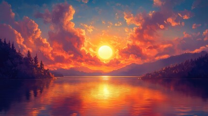 Fototapeta premium Serene Minnesota Lake Sunset: A Tranquil Evening Sky Reflected on Still Waters