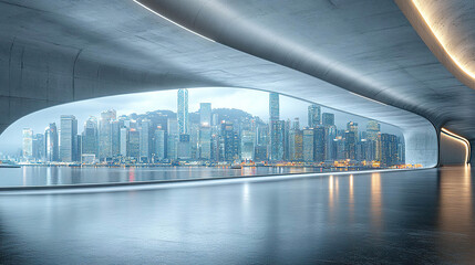 Futuristic curved hallway with views of illuminated skyscrapers. AI-generated