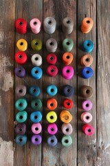 Fototapeta premium Top-Down Perspective of Vibrant Threads Arranged on a Rustic Wooden Table