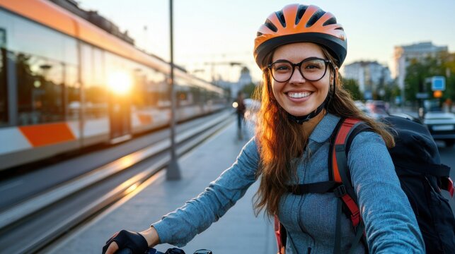 Happy young woman with glasses and helmet riding bicycle on urban street during sunset with train in background, showcasing active lifestyle and transportation choice