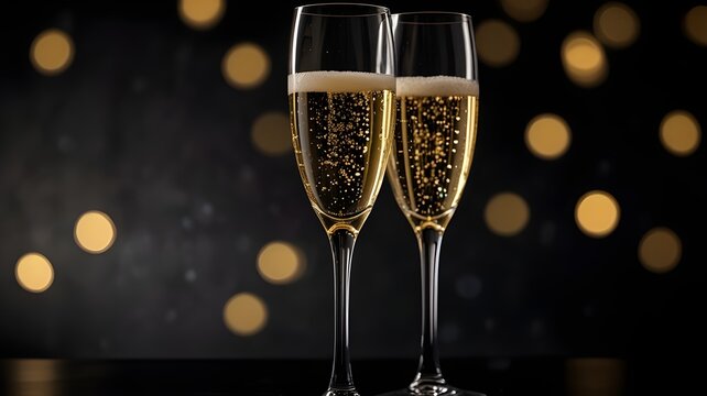Against a dark backdrop, sophisticated champagne glasses brimming with effervescent liquid celebrate joyous events.