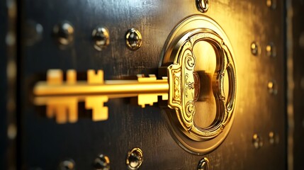 Golden key inserted in antique, dark metal vault door.