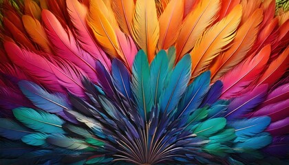 Obraz premium A flat lay of colorful feathers arranged in a fan pattern, featuring vibrant shades of teal
