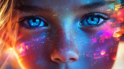 Naklejka premium A close-up of a human face illuminated by vibrant digital reflections, showcasing a mesmerizing and futuristic aesthetic that captivates the viewer’s eye.