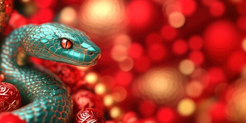 Fototapeta premium Colorful snake on a bright red background with decorative elements during a festive celebration