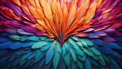 A flat lay of colorful feathers arranged in a fan pattern, featuring vibrant shades of teal