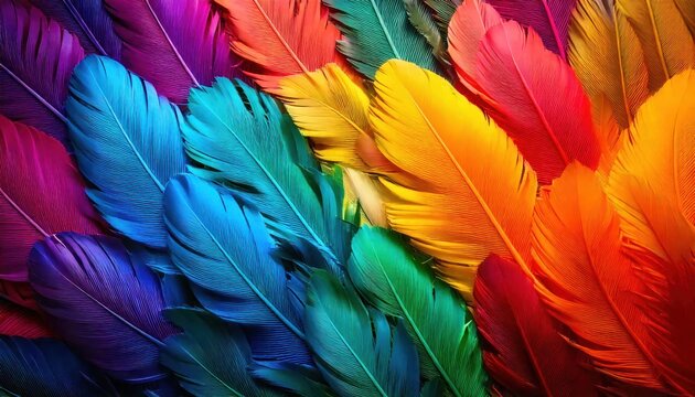 A flat lay of colorful feathers arranged in a fan pattern, featuring vibrant shades of teal