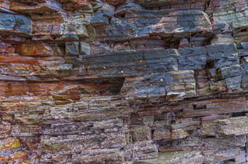 Detail of the cliff formations at the beach of the Cathedrals (Playa de las Catedrales), in Ribadeo, Galicia, Spain