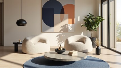Fototapeta premium Generative AI, A Bright and Airy Living Room Merging Geometric Art, Textured Furniture, and Subtle Contrasts for a Perfect Blend of Whimsy and Elegance