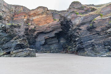 Cliff formations at the Beach of the Cathedrals (Playa de las Catedrales), in Ribadeo, Lugo province, Galicia, northern Spain