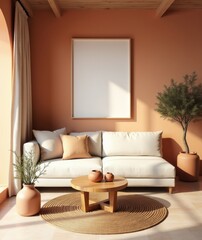 Mock up poster frame in mediterranean home interior design of modern living room. Terracotta walls, a white linen sofa, and a wooden coffee table.