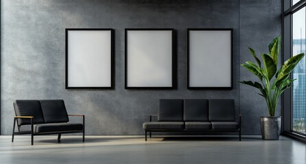 Sleek, Modern Office Waiting Area with Three Empty Wall Frames, Gray Sofas, Black Armchairs, Concrete Flooring, Large Windows and Plant