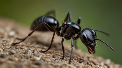Close-up of a large black ant on wood.