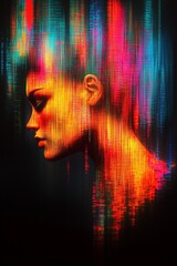 A vibrant depiction of a futuristic digital woman with a profile view, merging vibrant neon colors and pixelated blocks. It exudes a techno-aesthetic vibe.