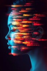 A futuristic digital artwork of a human face with glitch effects, neon red and blue lights, and abstract pixelation, symbolizing artificial intelligence and technological evolution.