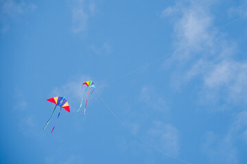 The kite flies high in the blue sky
