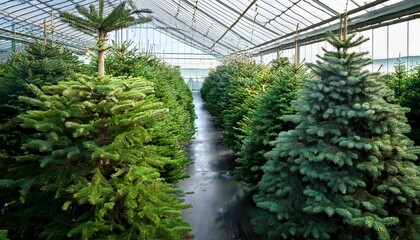 row of fresh christmas trees in a greenhouse