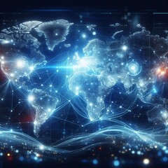 Dynamic digital world map highlighting America for AI-powered global connectivity