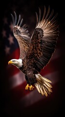 A bald eagle soaring over an American flag, against a dark background