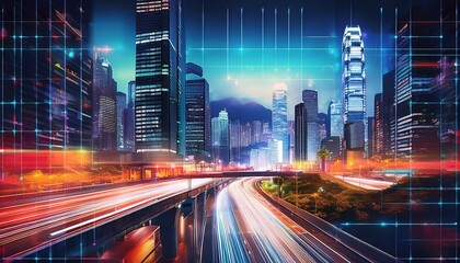 hong kong cityscape with traffic lights and digital overlay urban skyline skyscrapers buildings architecture