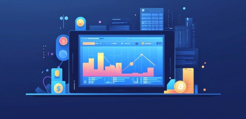 Stock market graph with candlestick, line, and bar charts on a blue background, Bitcoin trading concept for Wall Street.