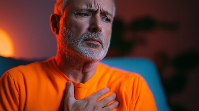 Health emergency response older man in distress home emotional expression indoor close-up anxiety management