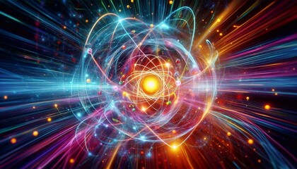 Obraz premium Wide-angle glowing depiction of an atom with swirling energy and particles, symbolizing atomic and quantum science