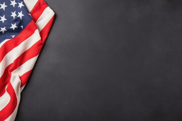 Photo of American flag on black background, text space for banner or flyer design with copy space, top view.